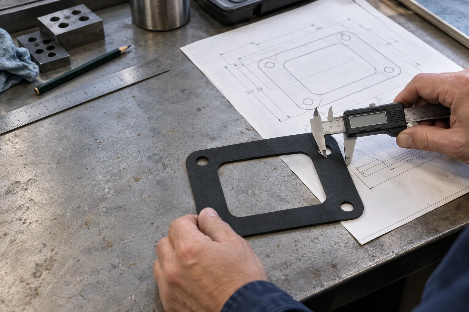 Illustrative engineering workbench with a flat gasket, drawing and caliper